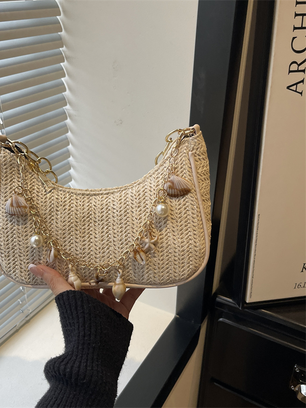 Women'S Young Bags - Fashionable Pearl Straw Woven Underarm Casual
